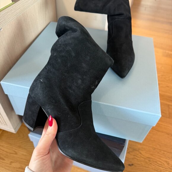NWt Prada Mid Calf Boots Black Suede Leather Pointed Toes Block Heels Sz 35 - Picture 5 of 10
